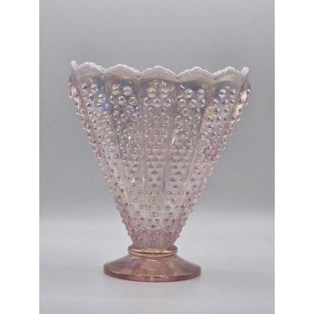 Fenton Glass 95th Anniversary Iridized Pink Opalescent Hobnail‎ Fan Vase 8